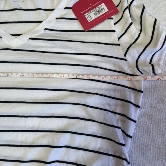 Isabel Maternity Women's White Black Striped Short Sleeve Shirt Large Ruched NWT - Picture 9 of 10